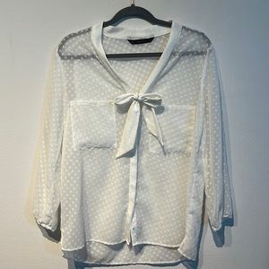 ZARA White Button Down, Tie Front Blouse with Swiss Dots (shaped like hearts)